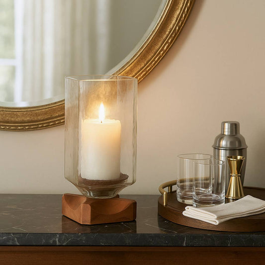 Candle Holder - Brown Wood Glass Pillar Hurricane, 11 in.