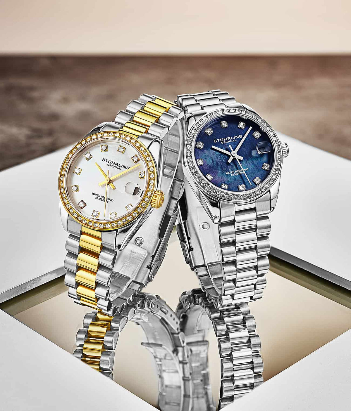 Stuhrling Original Lineage Women's Quartz Watch, 31mm, Blue Mother-of-Pearl Dial, Silver-Tone Stainless Steel Bracelet, Crystal-Accented Bezel
