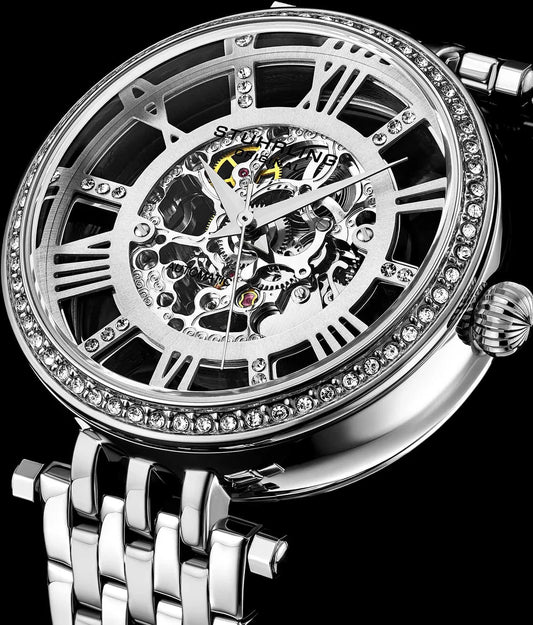 Stuhrling Original Delphi Women's Automatic Skeleton Watch, 38mm, Silver-Tone Stainless Steel Bracelet, Skeleton Dial