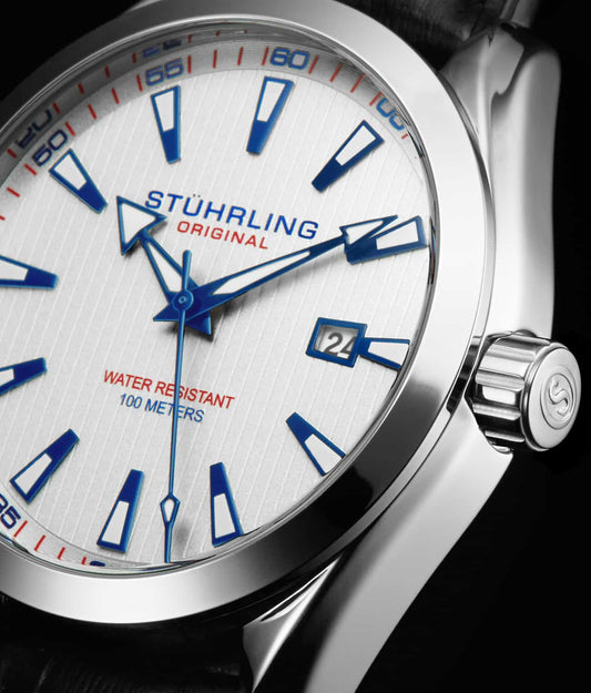 Stuhrling Original Symphony 3953 Men's Quartz Watch, White Dial, Silver Bezel, Black Alligator Embossed Leather Strap