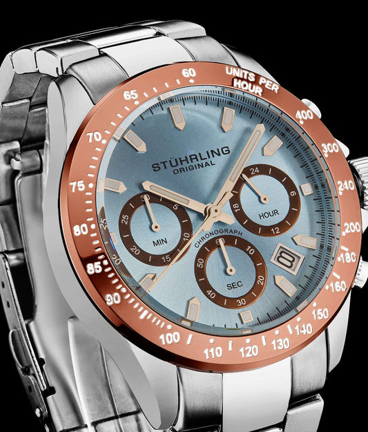 Stuhrling Original Ultima 3960 Men's Quartz Chronograph Watch, 42mm, Light Blue Dial, Stainless Steel Bracelet