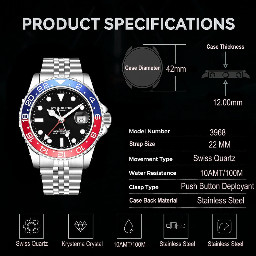 Stuhrling Original Meridian GMT Men's Quartz GMT Watch, 42mm, Style D25DG