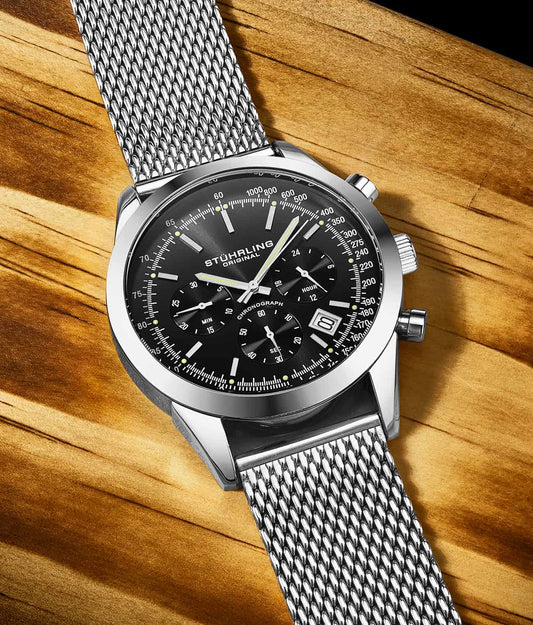 Stuhrling Original Rialto Men's Quartz Chronograph Watch, 44mm, Black Dial, Silver-Tone Case