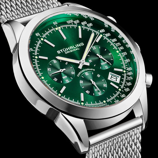 Stuhrling Original Rialto Men's Quartz Chronograph Watch, 44mm, Green Dial, Silver-Tone Case