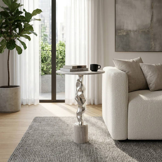 Side Table - Silver Marble Top with Sculptural Base, 25 in.