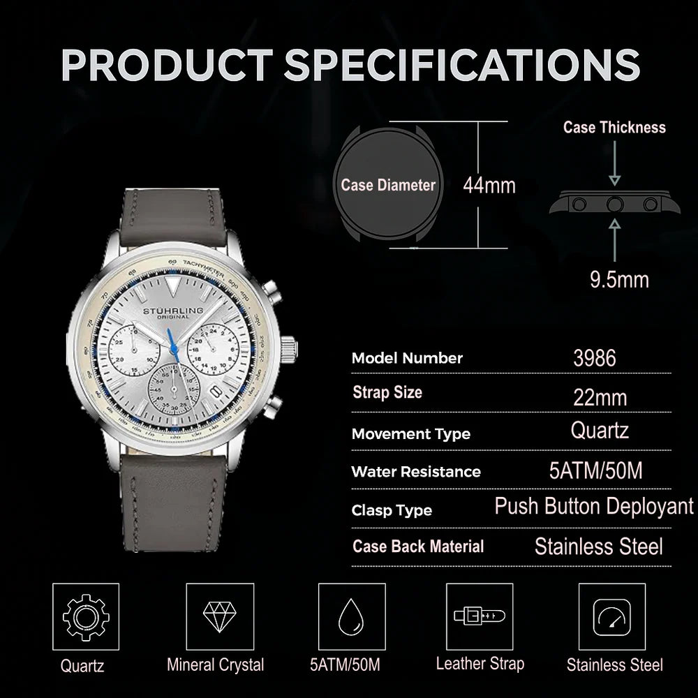 Stuhrling Original Monaco Men's Quartz Chronograph Watch, 44mm, Style ZZDB4