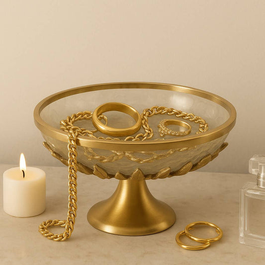 Bowl - Gold Glass Round Metal Floral Pedestal Stand, 13 in.