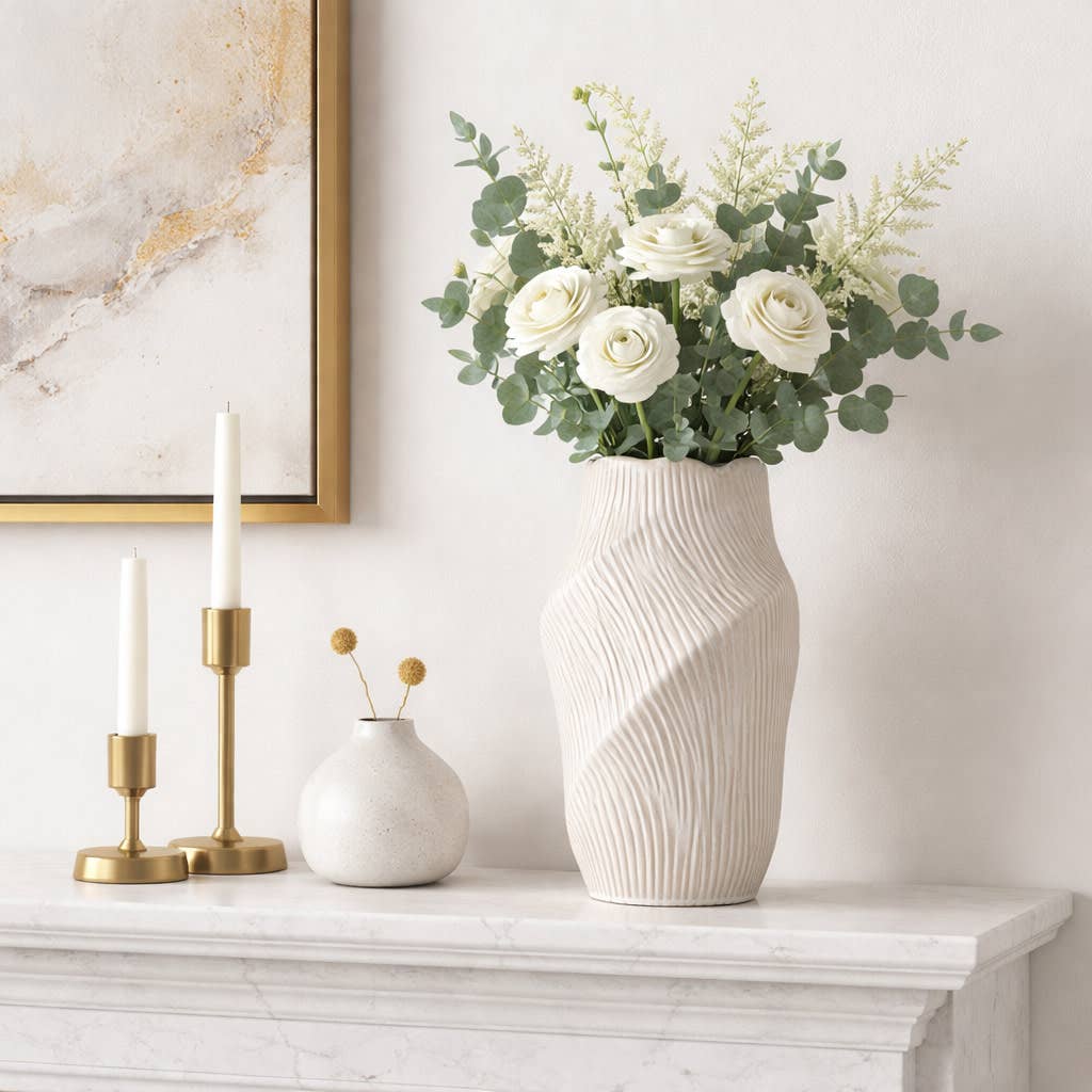 Decorative Vase - Beige Ceramic Sculptural Hollow, 17 in.