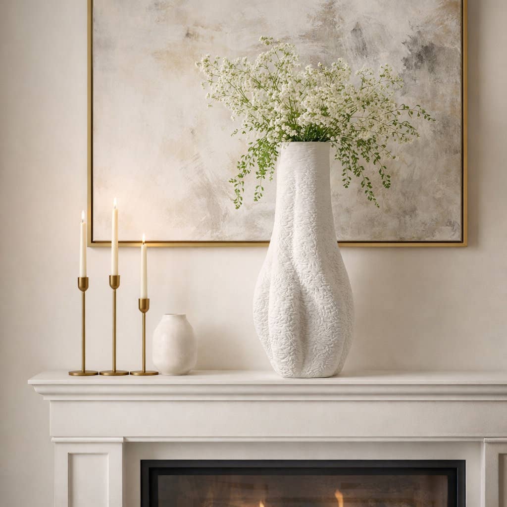 Decorative Vase - White Porcelain 3D Printed Curved, 16 in.