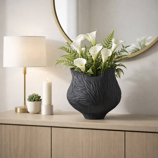 Decorative Vase - Black Porcelain 3D Printed Carved, 16 in.