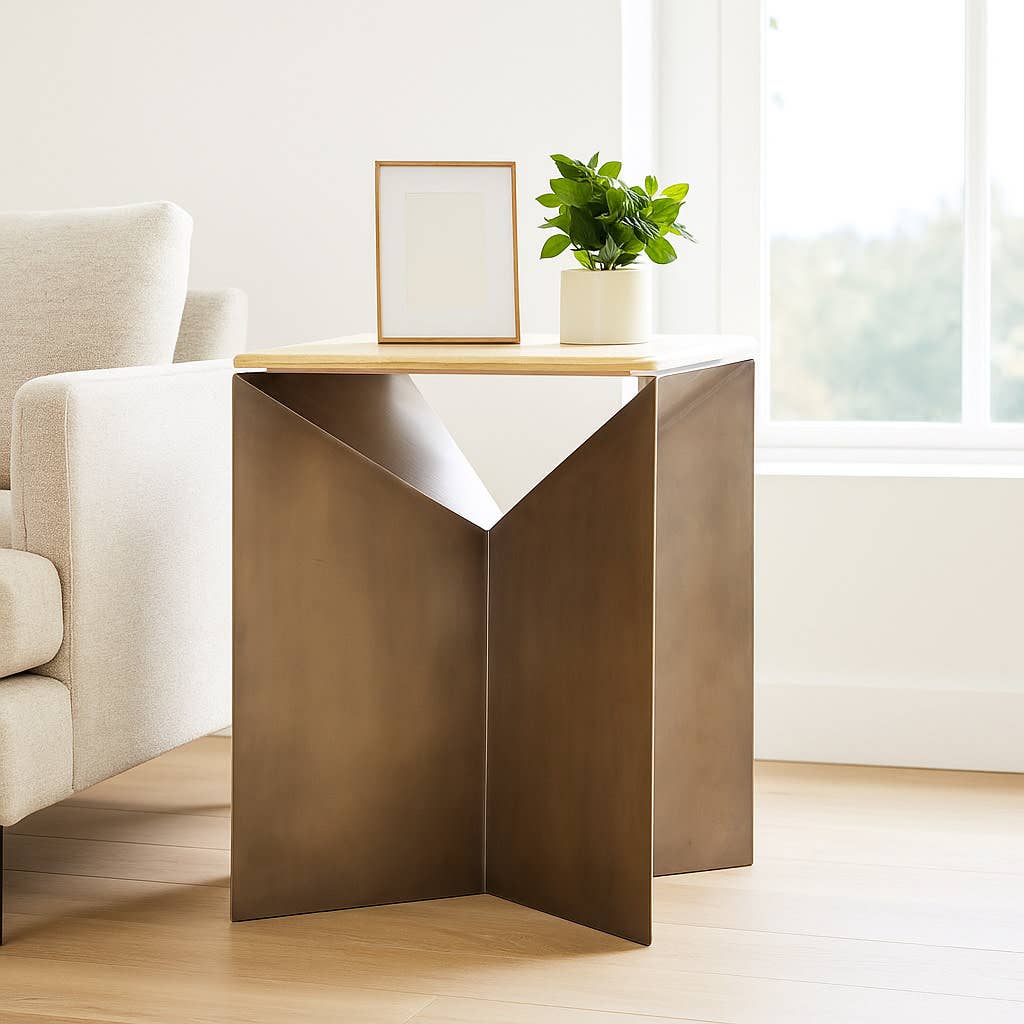 Side Table - Ivory/Black Metal Stone Sculptural Base, 25 in.
