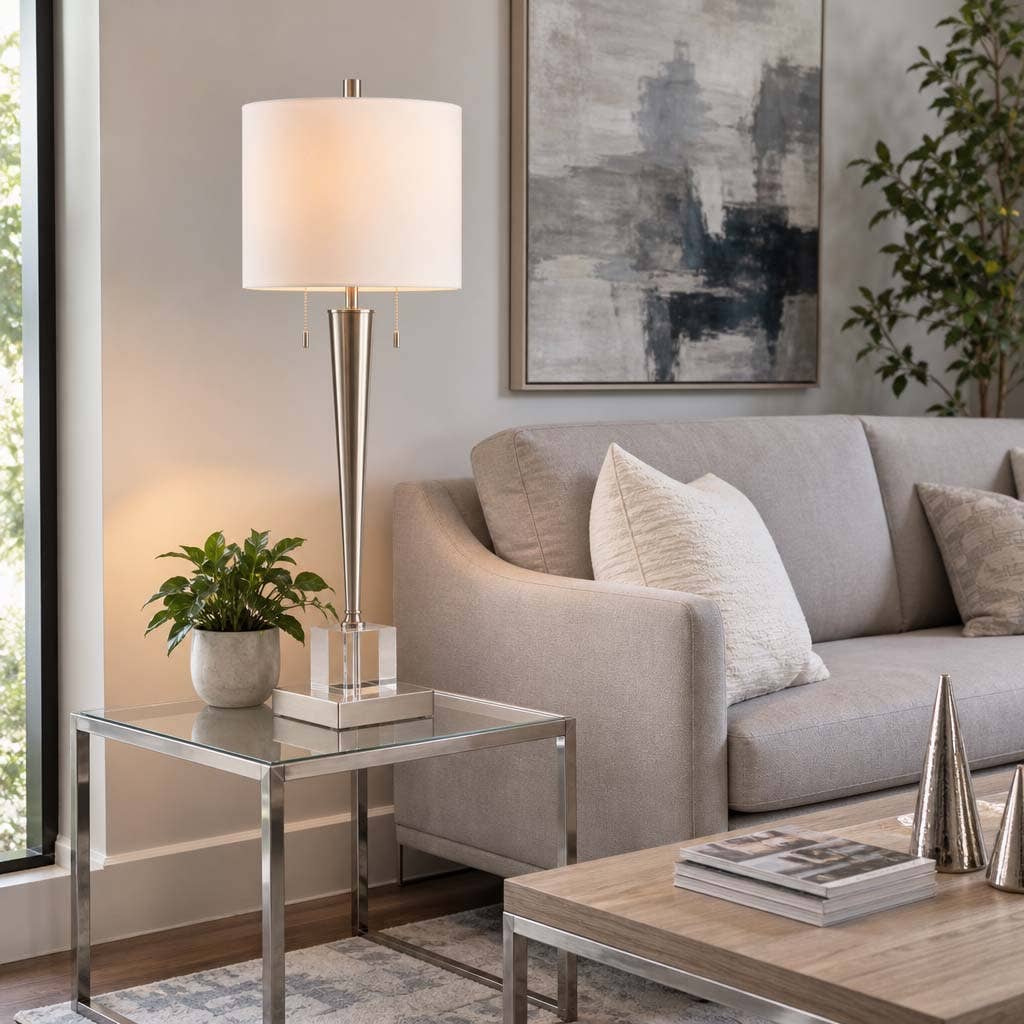 Table Lamp - Silver Metal Tapered Body On Glass Base, 36 in.