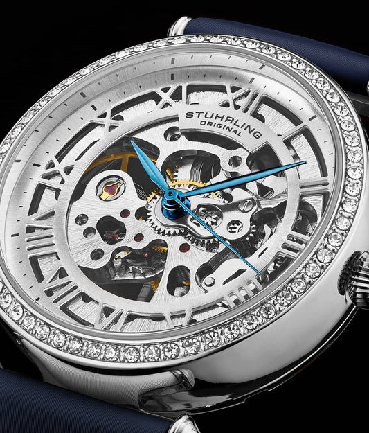 Stuhrling Original Luxe 4022 Women's Automatic Watch, 38mm, Navy Leather Strap, Skeleton Dial