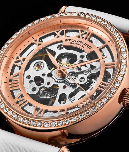 Stuhrling Original Luxe Women's Automatic Watch, White Leather Strap, Skeleton Dial