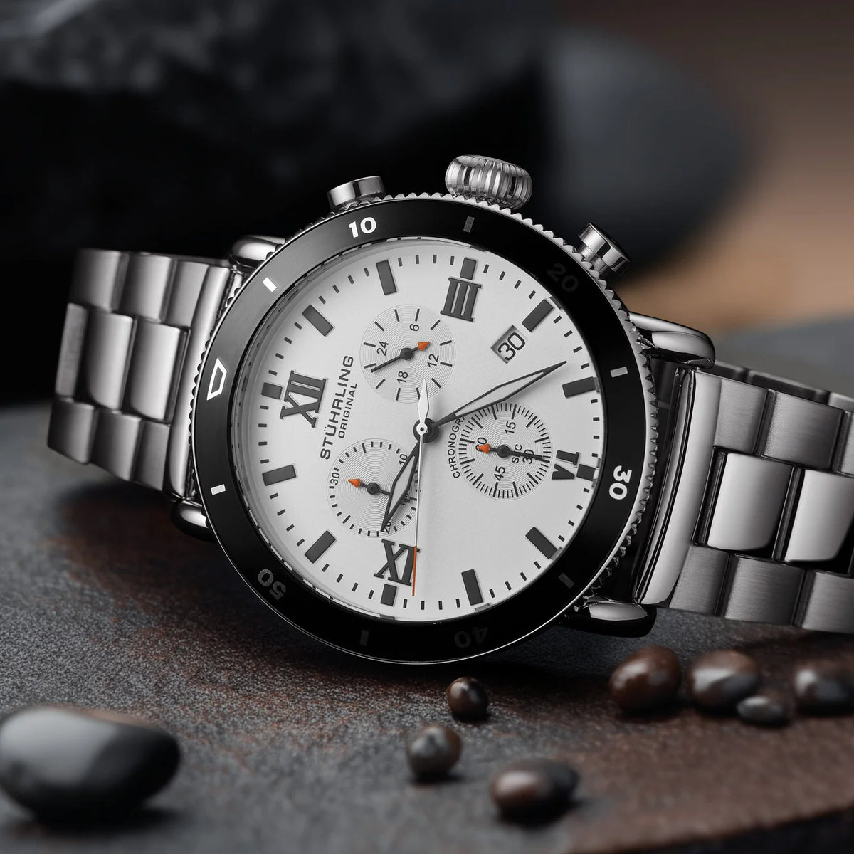Stuhrling Original Dualmode Men's Quartz Chronograph Watch, 48mm, White Dial, Black Bezel
