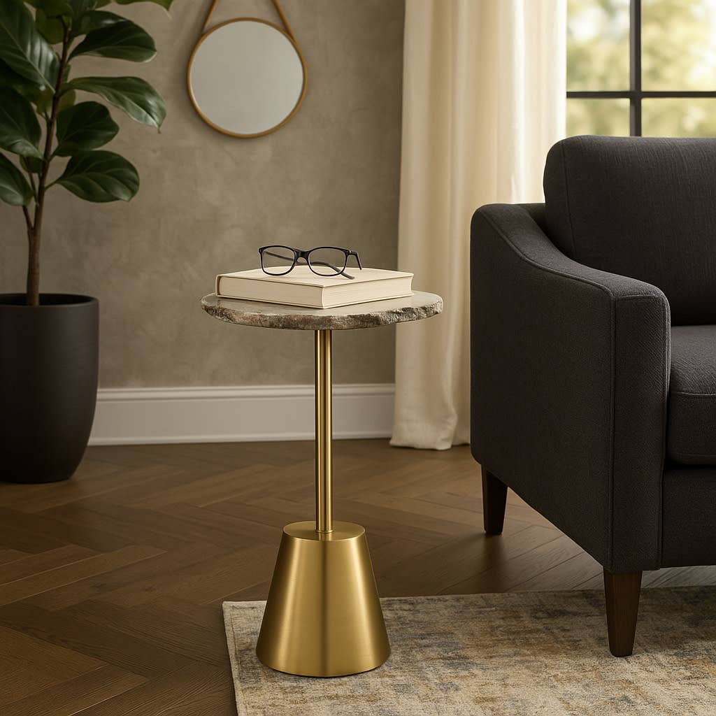 End Table - White Raw Agate Top with Gold Metal Base, 23 in.