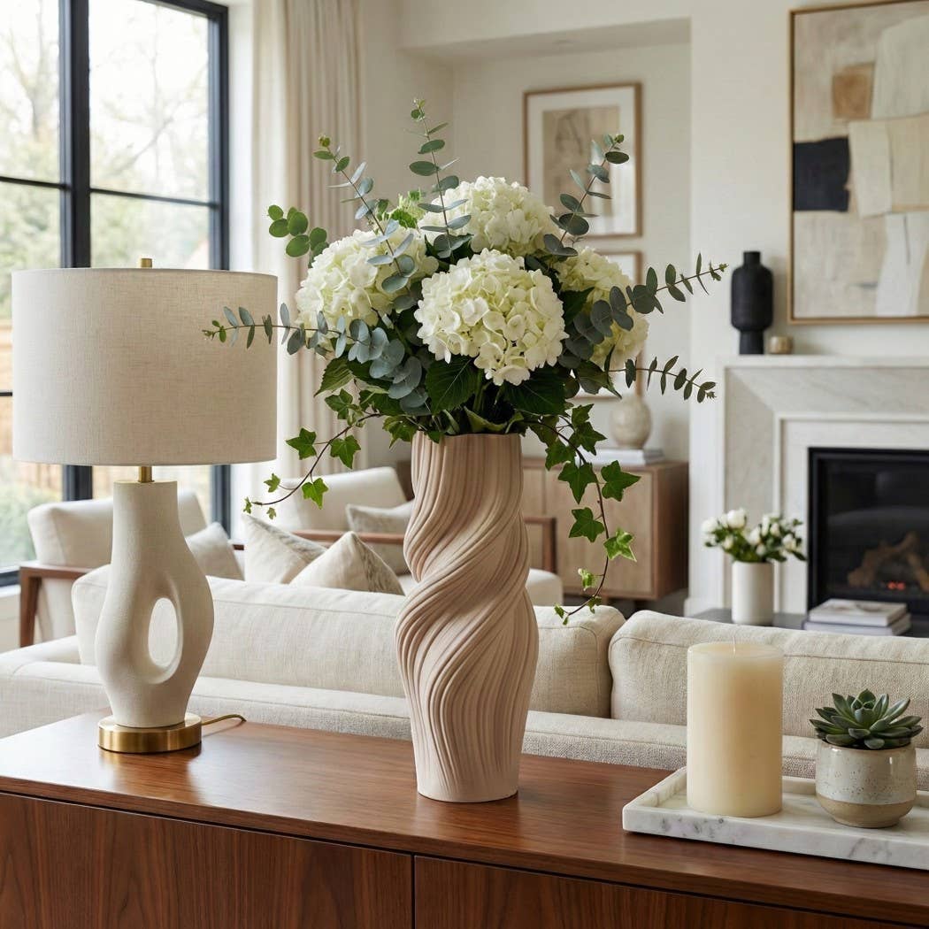 Decorative Vase - Tan Ceramic 3D Printed Twisted, 14 in.