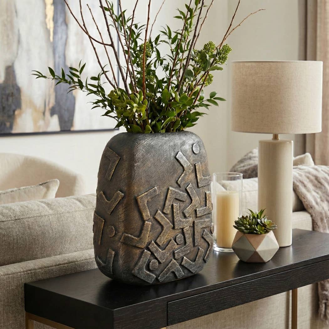 Decorative Vase - Bronze Ceramic Geometric Textured, 13 in.