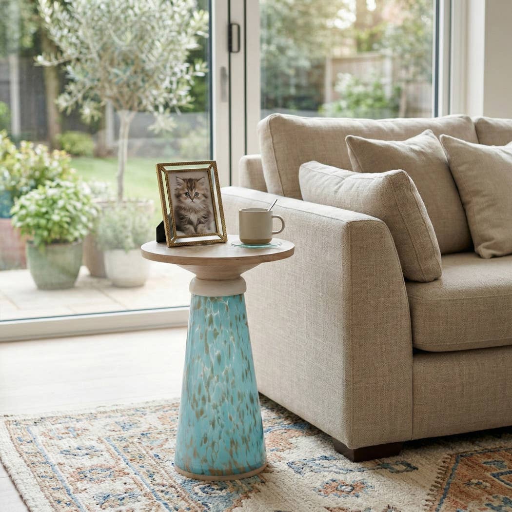Side Table - Brown Wood Top with Glass Sleek Base, 21 in.