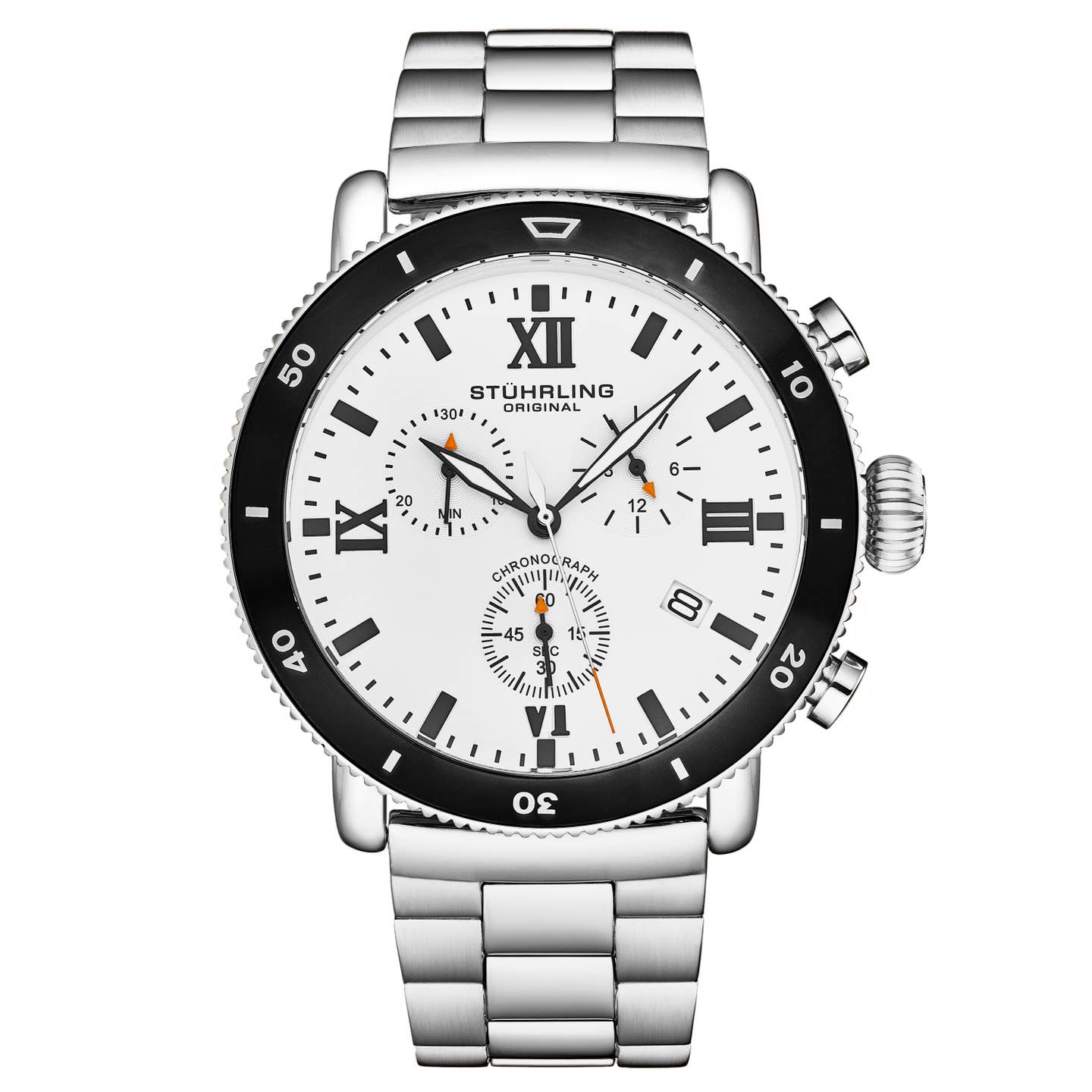 Stuhrling Original Dualmode Men's Quartz Chronograph Watch, 48mm, White Dial, Black Bezel