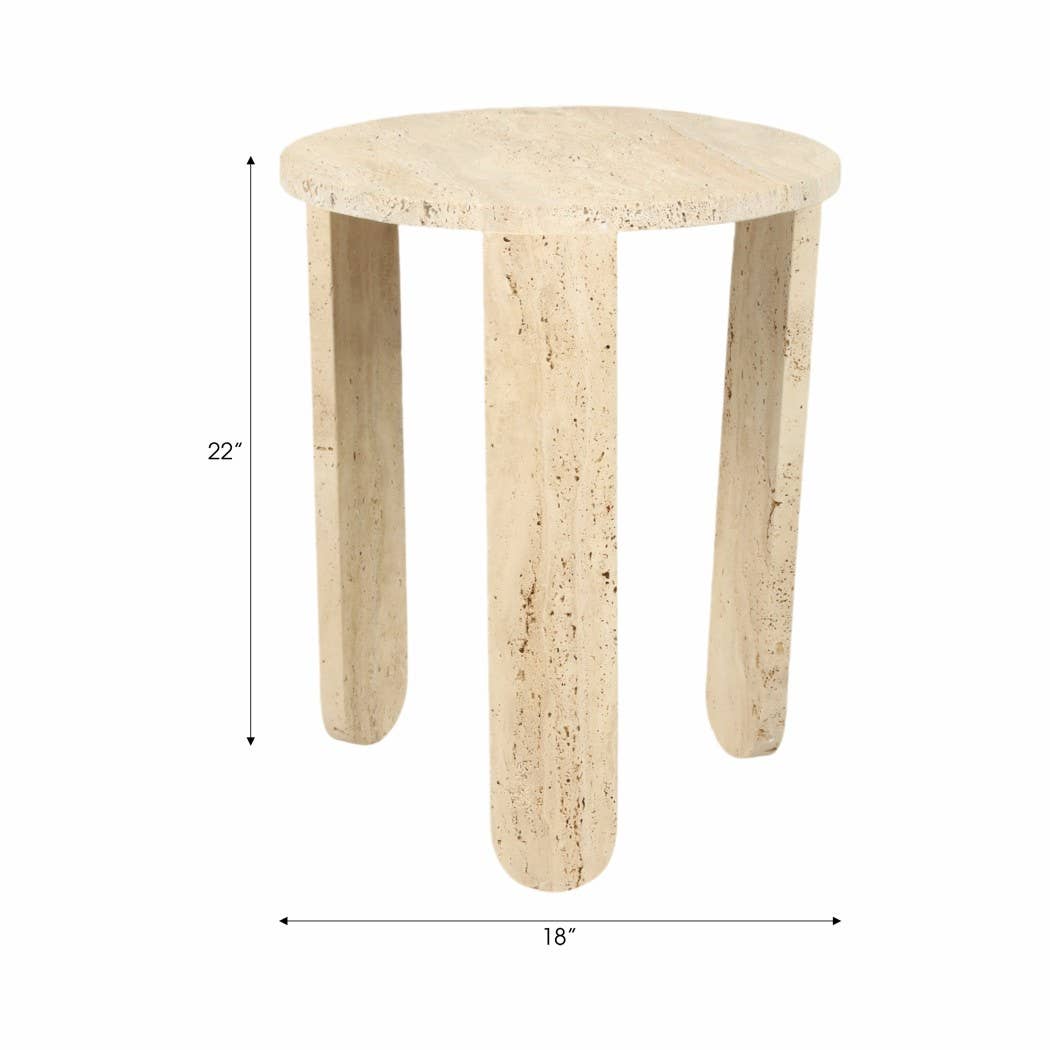Side Table - Beige Marble Carved Travertine Accent, 22 in.