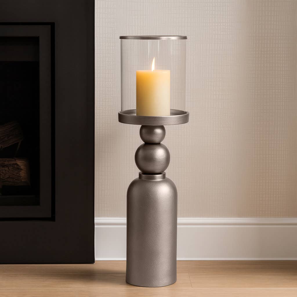Candle Holder - Silver Metal Removable Hurricane, 36 in.