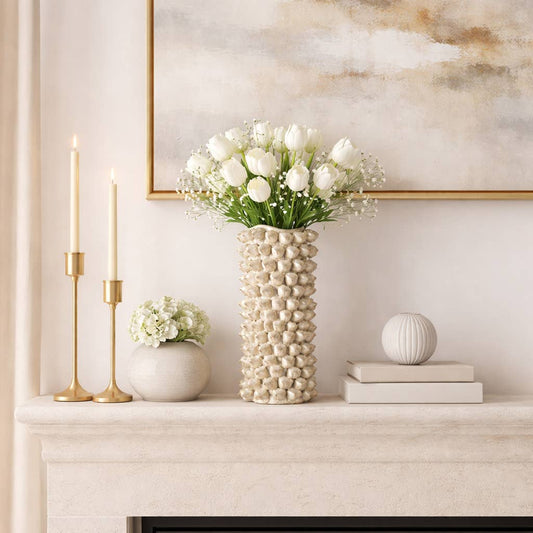 Decorative Vase - Beige Ceramic Floral Design, 13 in.