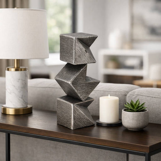 Sculpture - Silver Metal Stacked Geometric Cube, 18 in.