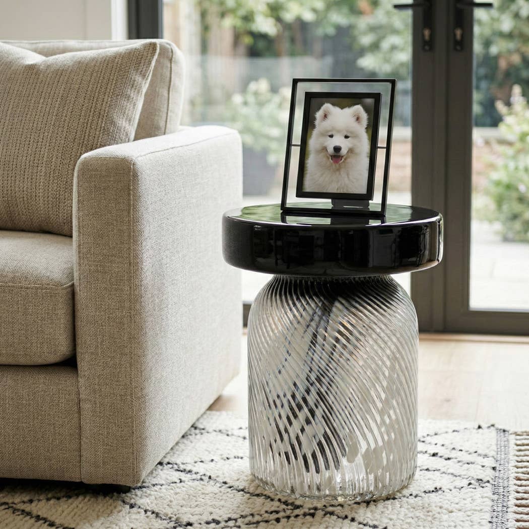 Side Table - Black/White Glass Base with Bold Design, 20 in.