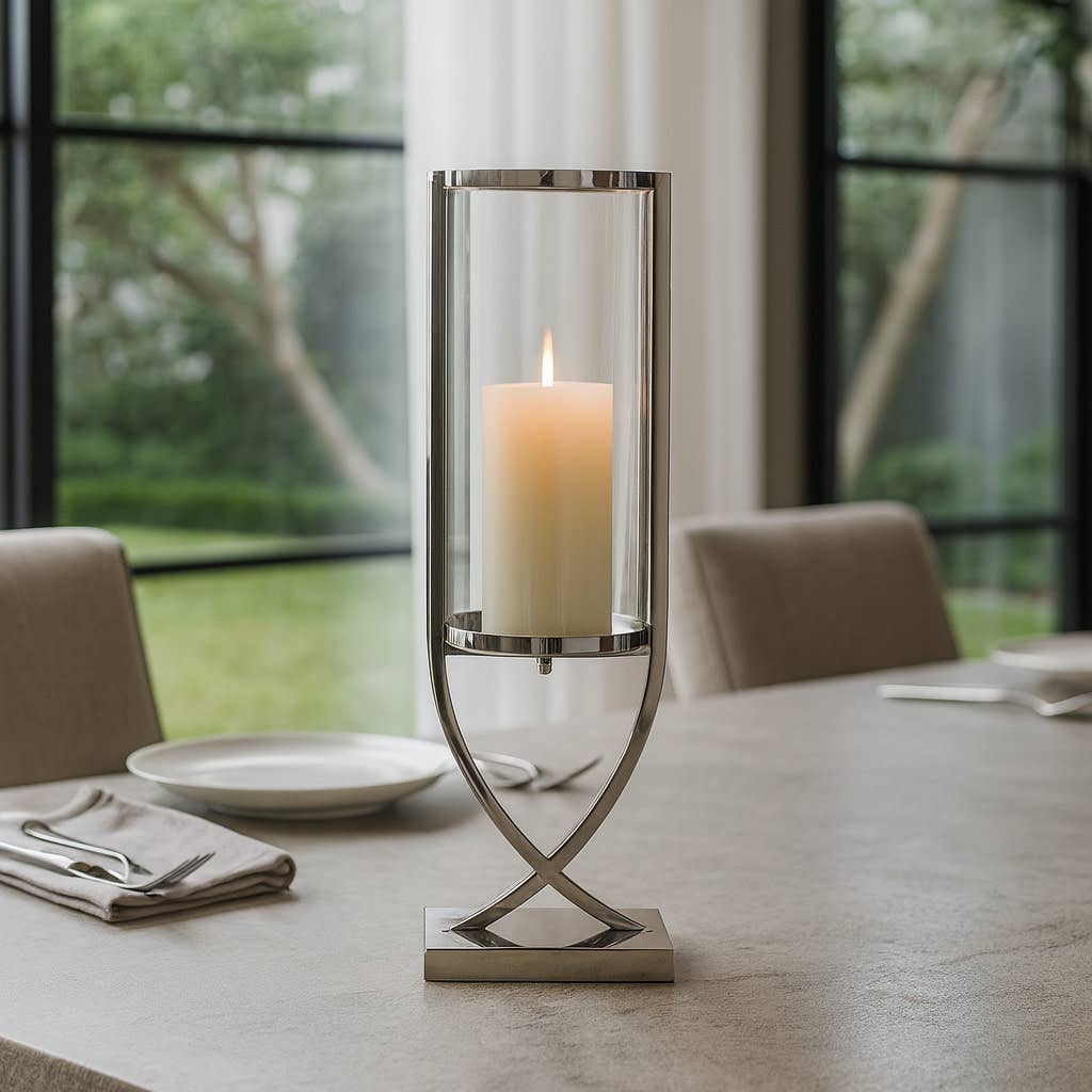Candle Holder - Silver Metal Glass Cylindrical Pillar, 23 in