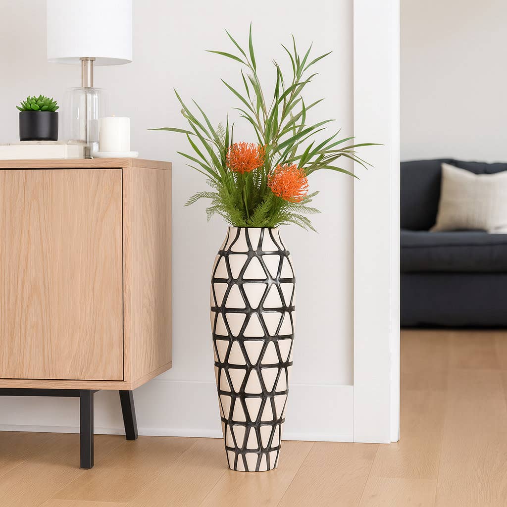 Decorative Vase - Ivory/Silver Ceramic Tribal Design, 28 in.