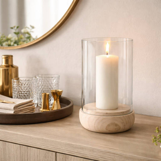 Candle Holder - Ivory/Clear Marble Glass Hurricane, 10 in.