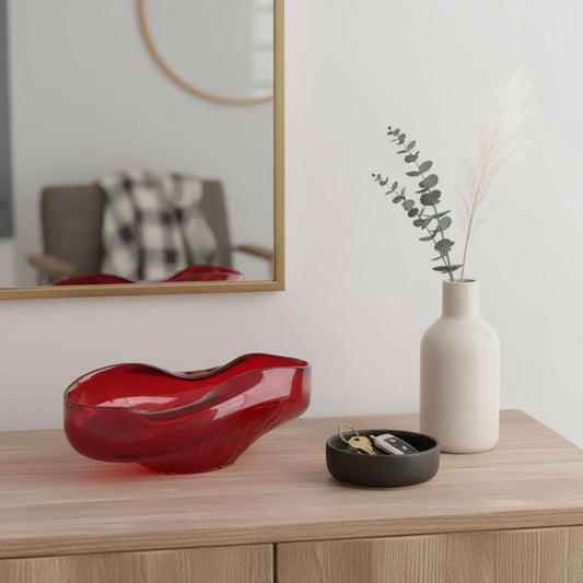Decorative Bowl - Red Glass Oval Vibrant Centerpiece, 15 in.