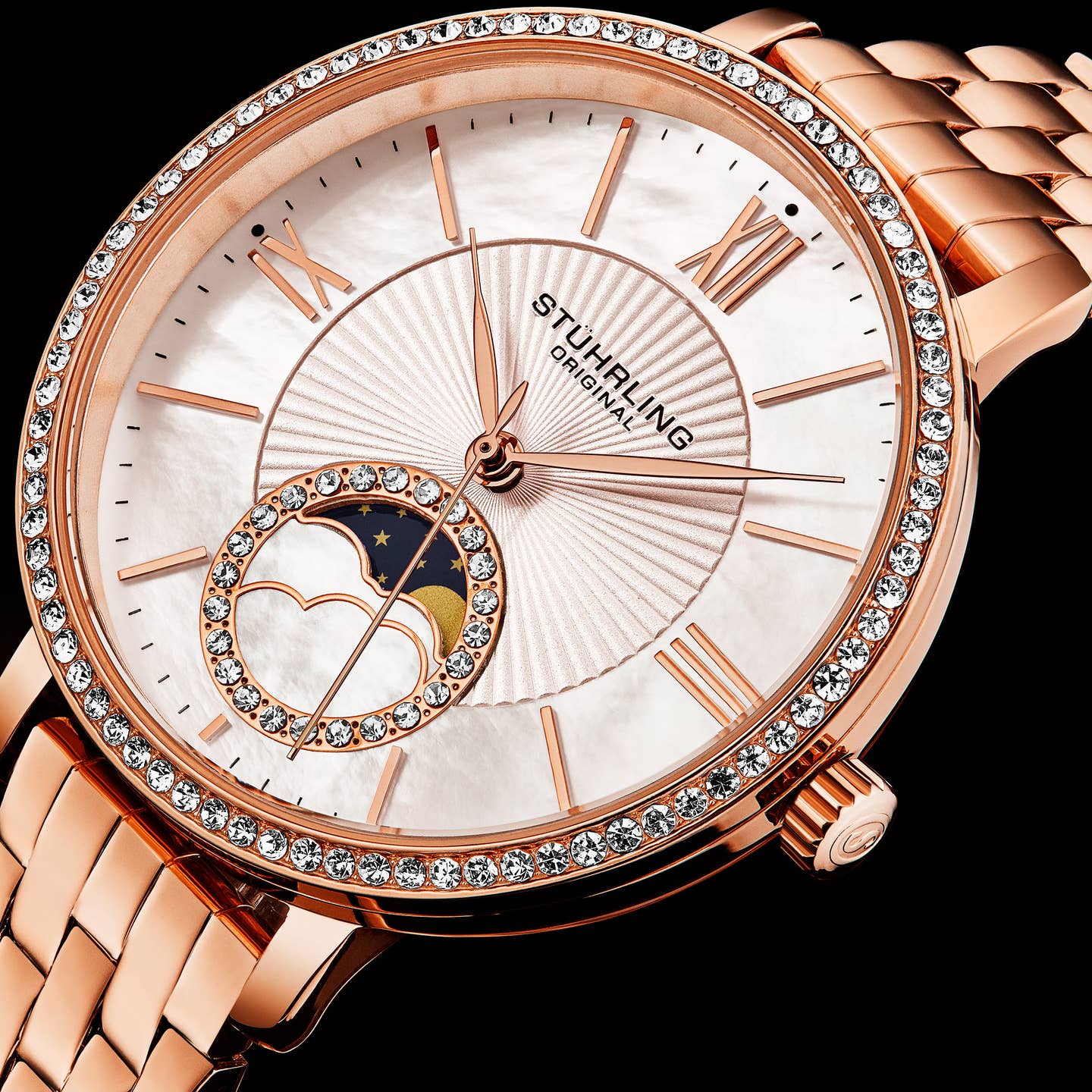 Stuhrling Original Horizon 4038 Women's Quartz Watch, 36mm, White Mother-of-Pearl Dial, Rose Gold-Tone Bracelet, Crystal-Accented Bezel