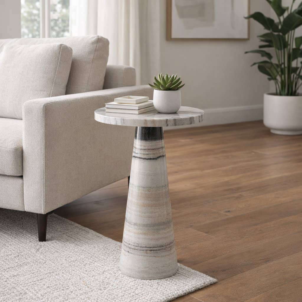 Side Table - Ivorry Marble Minimalist Pedestal Base, 22 in.