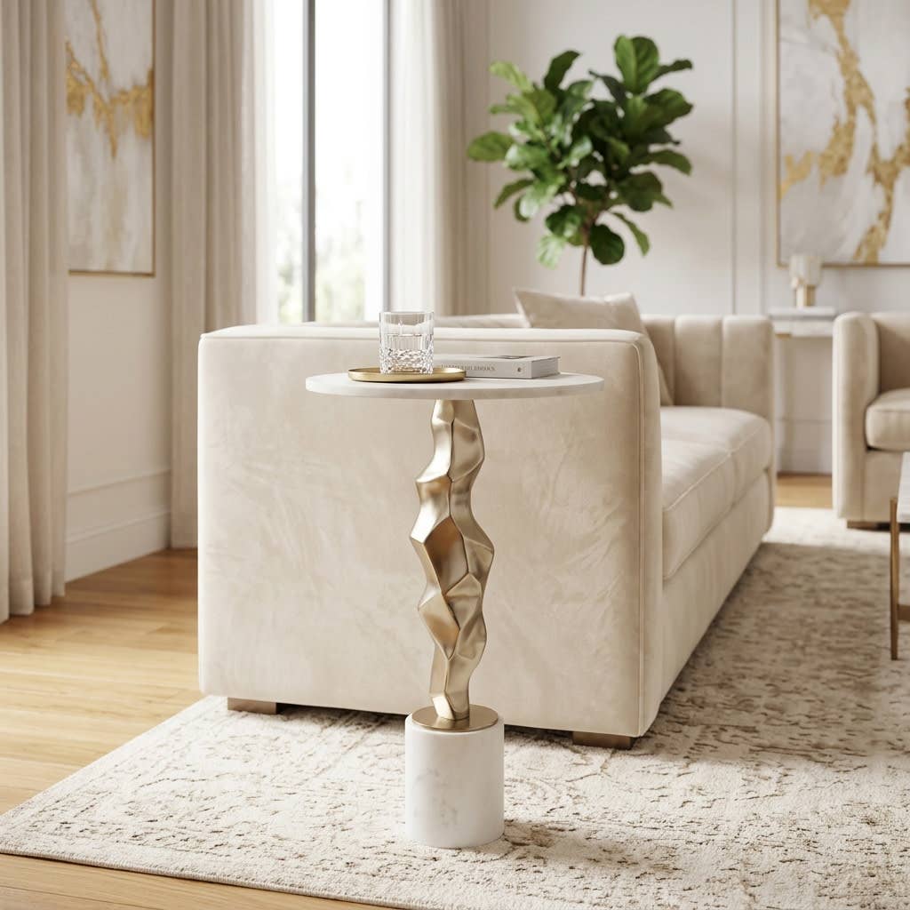 Side Table - Gold Marble Top Metal Sculptural Base, 25 in.