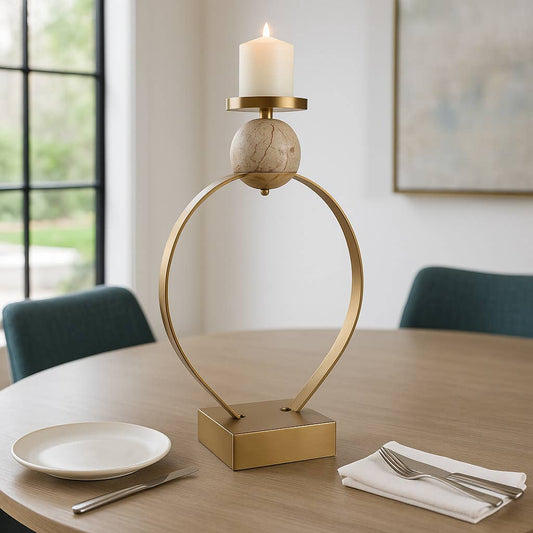 Candle Holder - Gold Metal with Marble Sphere, 26 in.