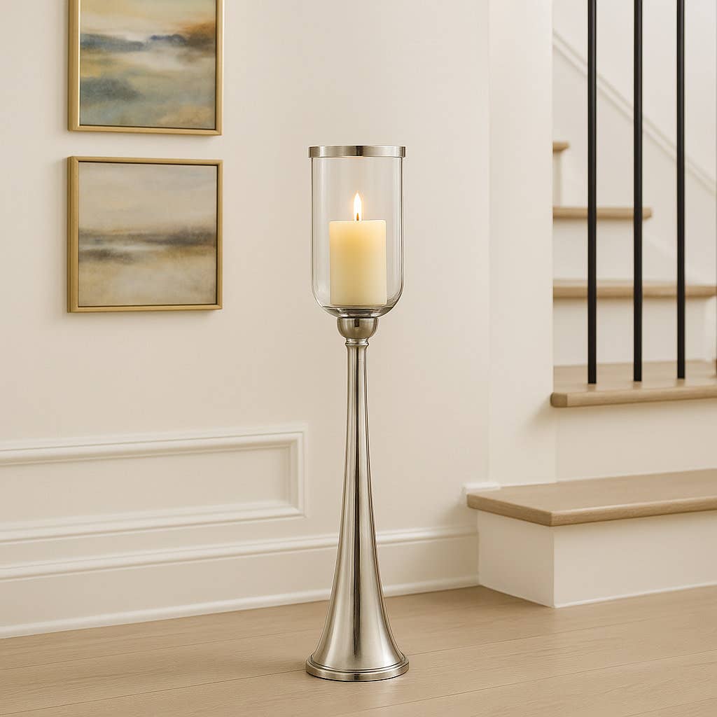 Candle Holder – Silver Metal Glass Hurricane Design, 34 Inch