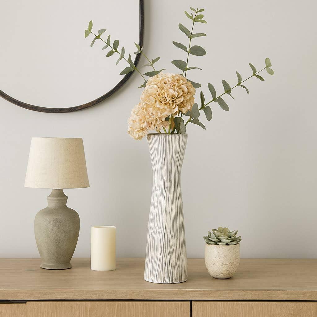 Decorative Floor Vase - White Ceramic Trumpet, 25 in.