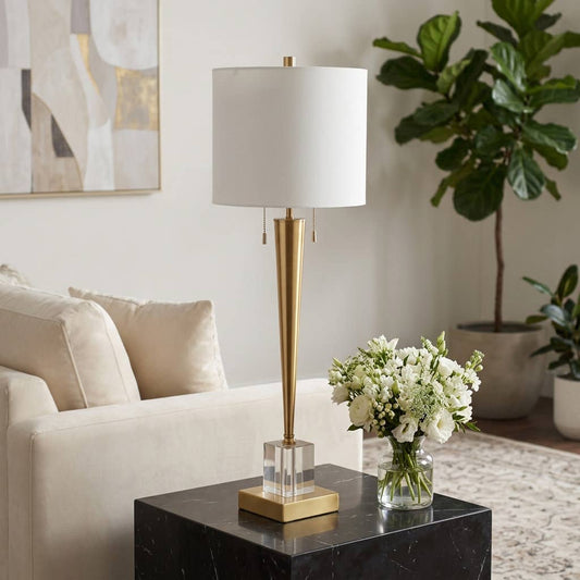 Table Lamp - Gold/White Glass Base Metal Tapered Body, 36 in