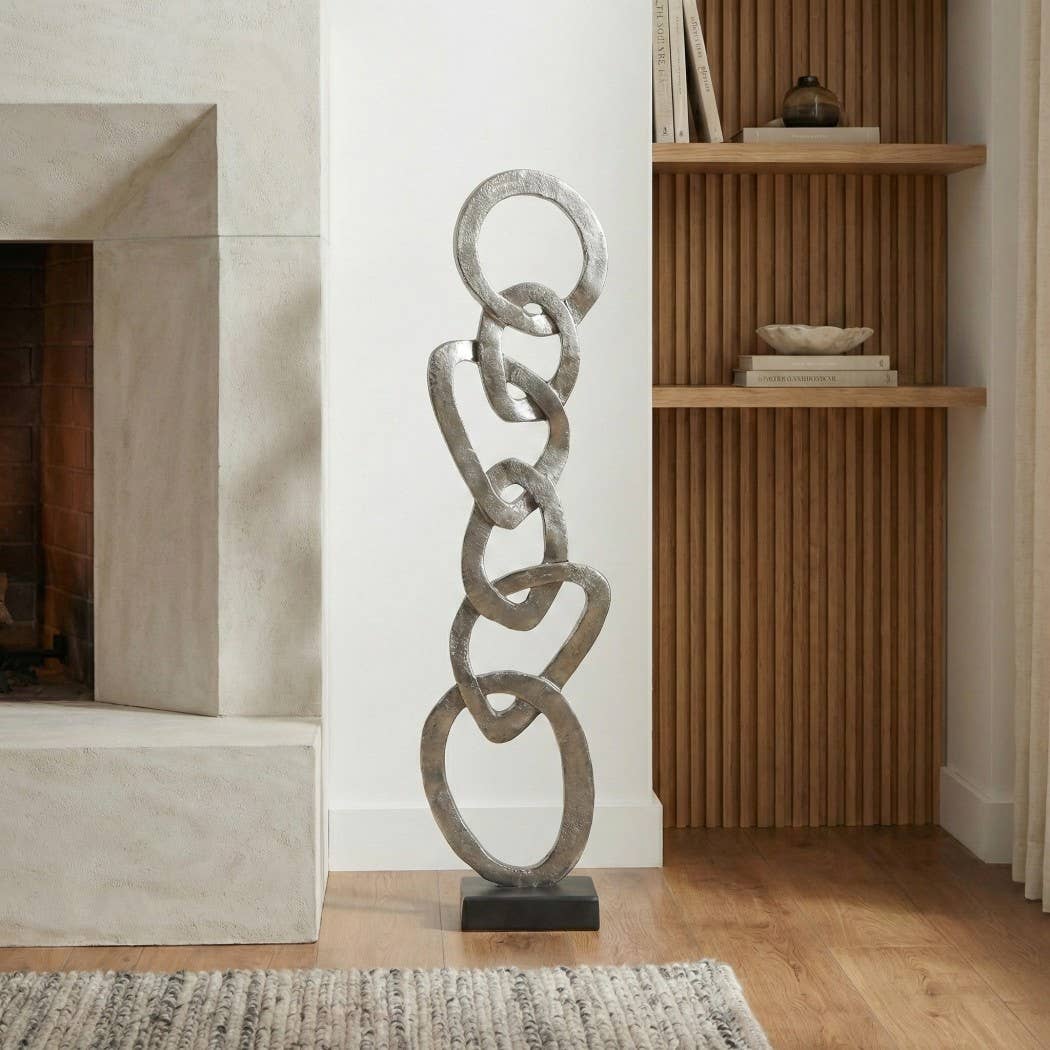 Sculpture - Silver Metal Chain Design with Wood Base, 27 in.