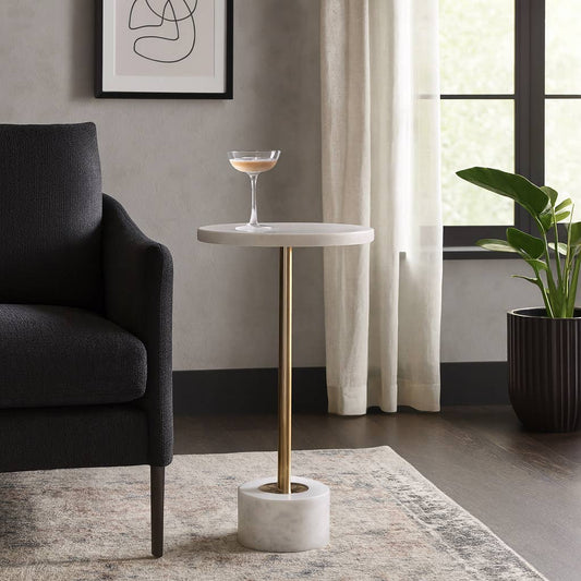 Side Table - White Quartz Top with Round Metal Base, 24 in.