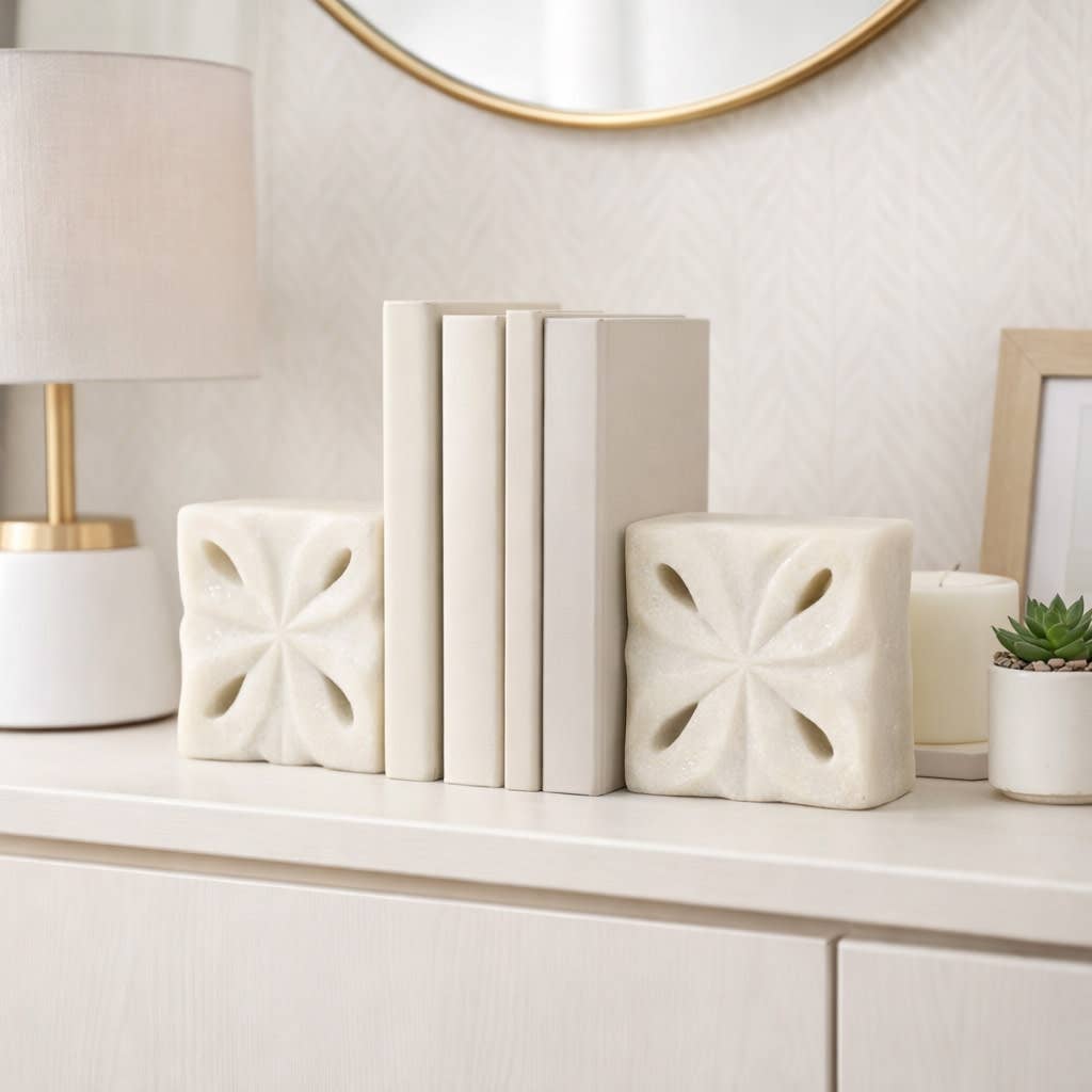 Decorative Bookends Set of 2 - White Resin Square, 12 in.
