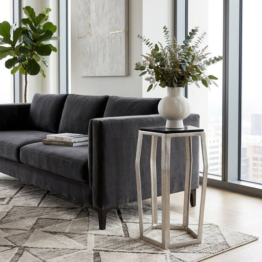 Side Table - Black Glass Top with Silver Metal Base, 26 in.