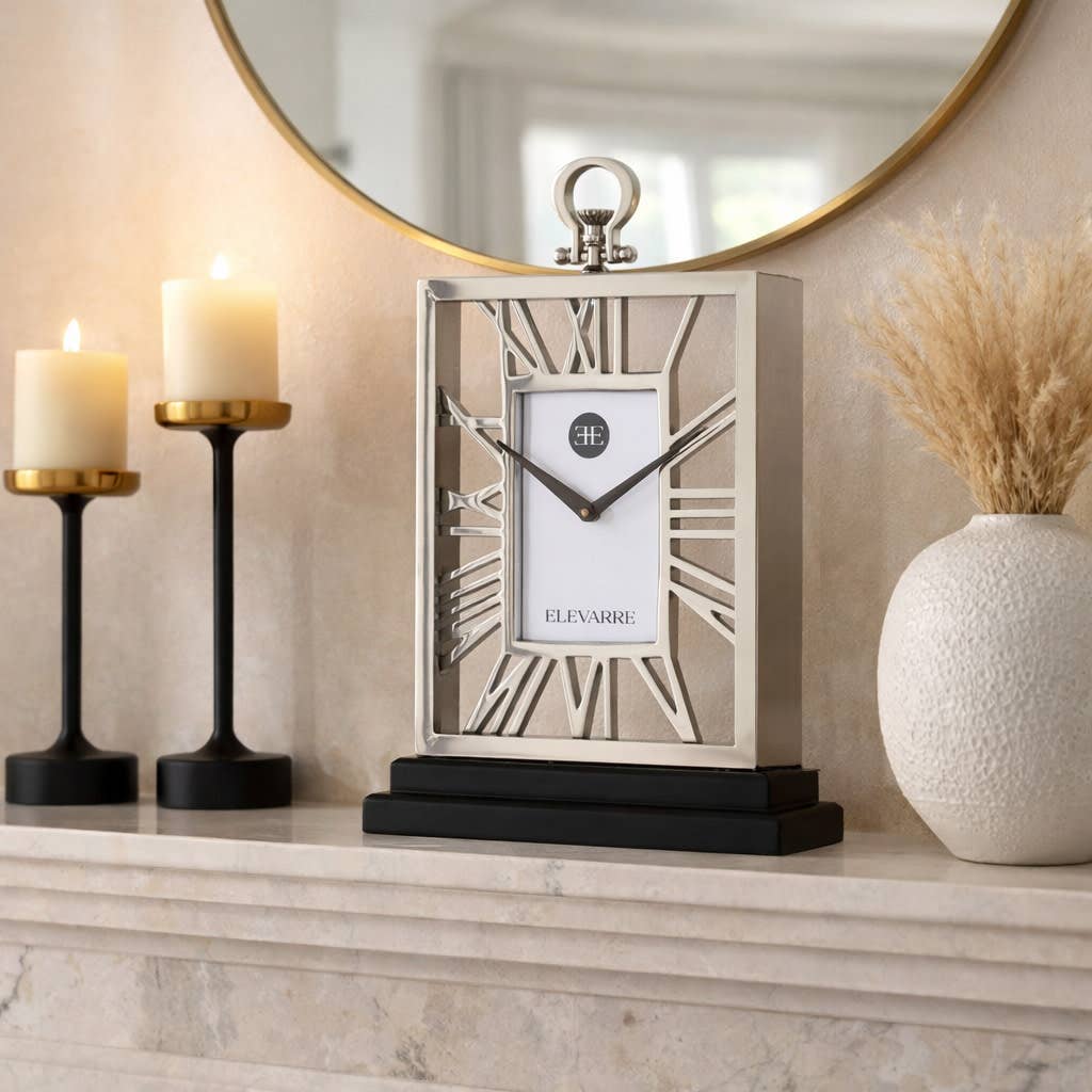 Desk Clock - Silver Metal Timepiece Cutout Design, 18 in.