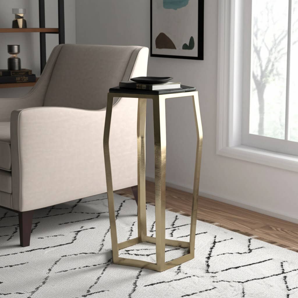 Side Table - Black Glass Top with Gold Metal Base, 26 in.