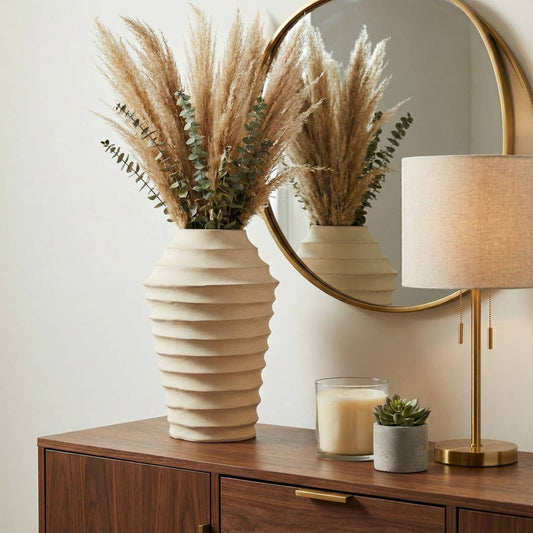 Decorative Vase - Ivory Ceramic Sculptural Ribbed, 18 in.