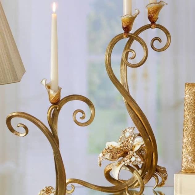 Jay Strongwater Roselyn Orchid Golden Double Candlestick Holder, Leaf Swarovski Crystal Enamel Gold-Finished