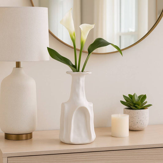 Decorative Vase - White Ceramic Sleek Short Design, 13 in.