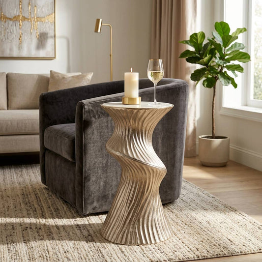 Side Table - Gold Marble Top Large Sculptural Design, 27 in.